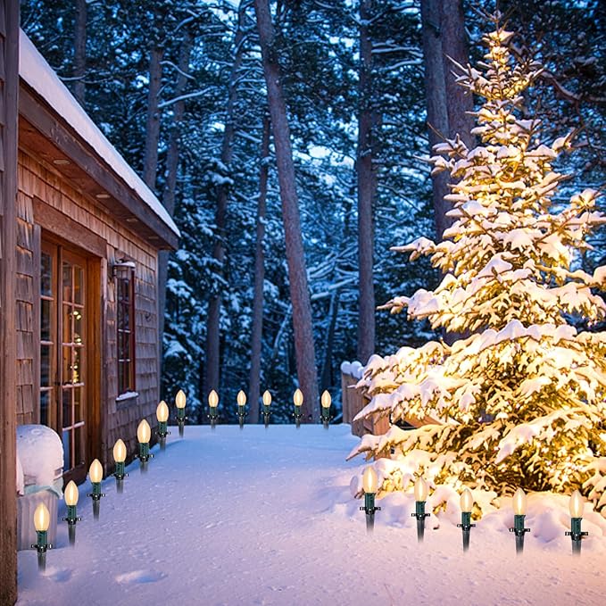 C9 Christmas Pathway Light, Outdoor Christmas Pathway Markers Lights with 27 C9 LED Clear Bulbs, Waterproof Connectable Walkway Lights for Outdoor Yard Holiday Sidewalk Driveway Christmas Decorations