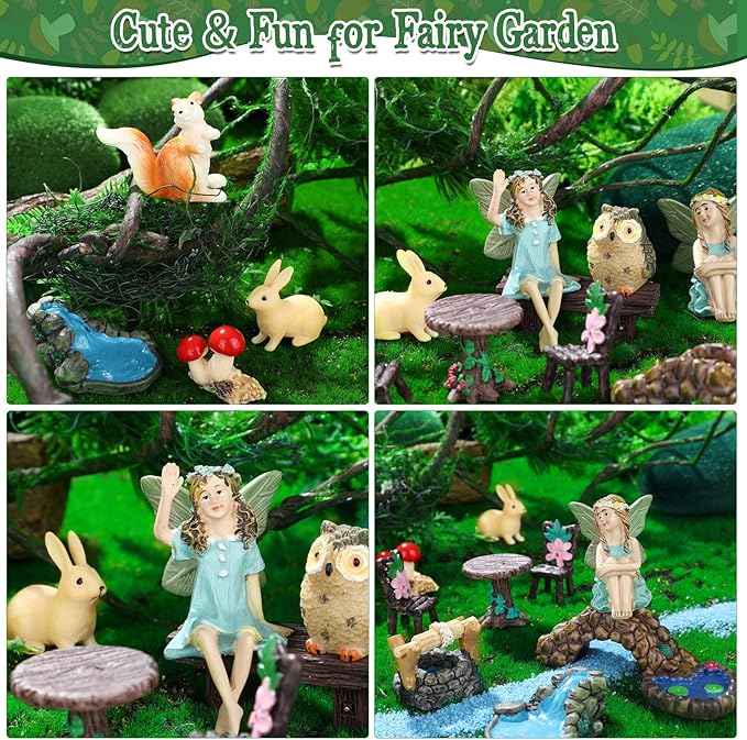 Roowest 19 Pcs Garden Accessories Garden Fairies Kit Miniatures Bunny Squirrel Owl Animals Cute Tiny Mushroom Mini Pond Bridge Figurine Miniature Micro Landscape Ornaments for DIY Home