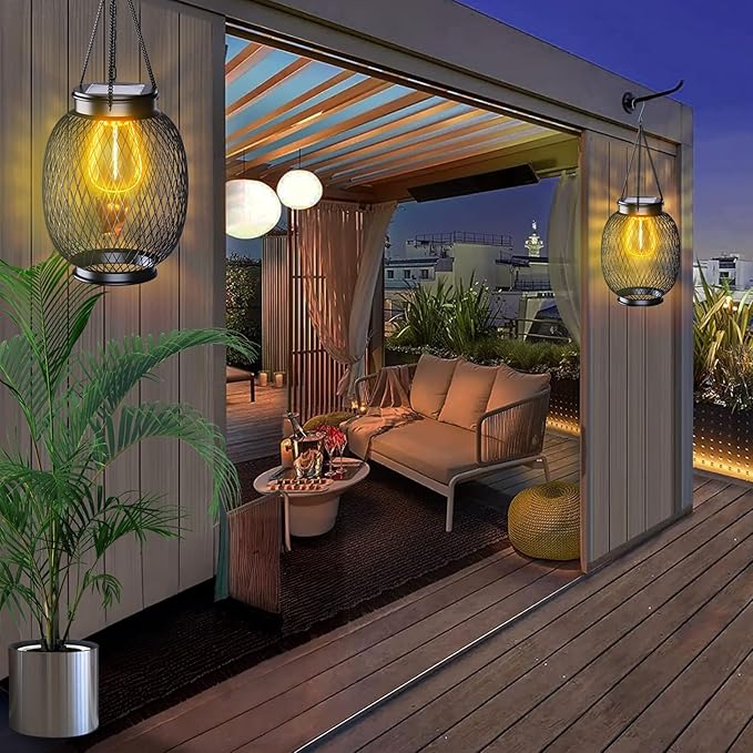 Solar Lanterns Outdoor Waterproof, 2 Pack Vintage Metal Solar Hanging Lanterns Outdoor with Hooks Solar Garden Decoration Lights Solar Lights Outdoor for Patio Balcony Yard Lawn, Black