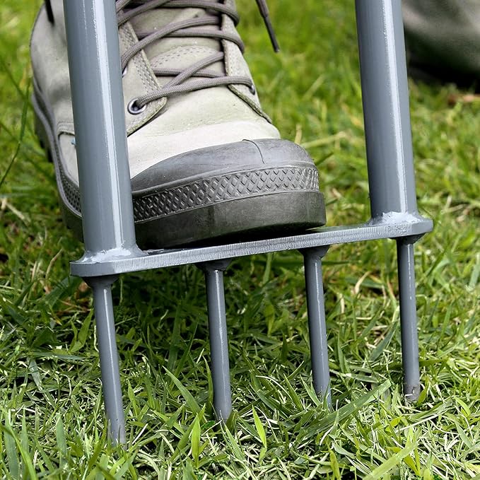 Walensee Lawn Spike Aerator, T-Handle, Manual Dethatching and Soil Aerating Tool with Four Iron Spikes, 35.5 Inches, Grey