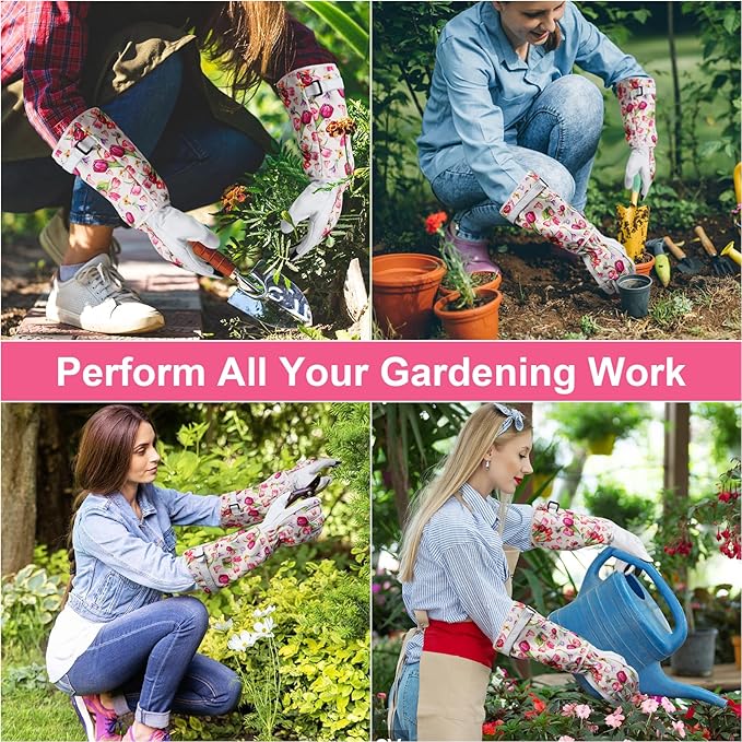 DLY Gardening Gloves for Women, Rose Gloves Gardening Thorn Proof, Long Garden Gloves for Women, Breathable Cowhide Leather Gauntlet (Medium, White)