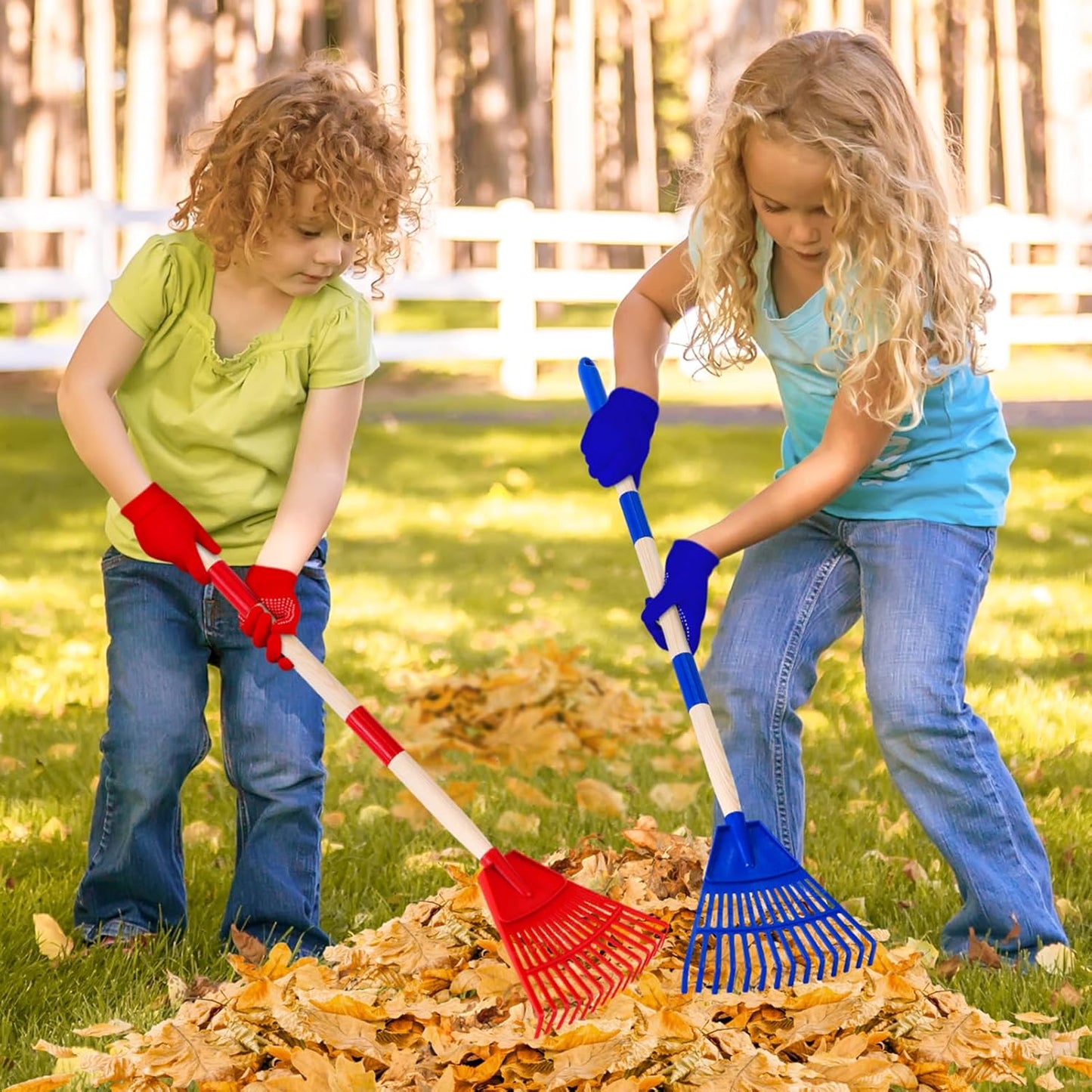 2 Pcs 35'' Kids Rakes for Leaves - Plastic Rake Head with 2 Pairs Kids Gloves, Small Kids Lawn Rakes Detachable Wooden Handle, Autumn Garden Tool Set for Kids Boys and Girls, Red & Blue, 3yr+