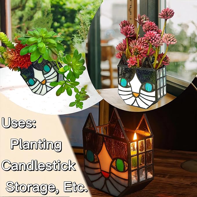 Tiffany Cute Cat Stained Glass Flower Pots,Indoor and Outdoor Plant Displays,Cat Plant Planter,Candle Holder Container Decoration 4.6 x 5.15 x 2.3 inch(11.7 x 13.1 x 5.8 CM)(Without Succulents)Black