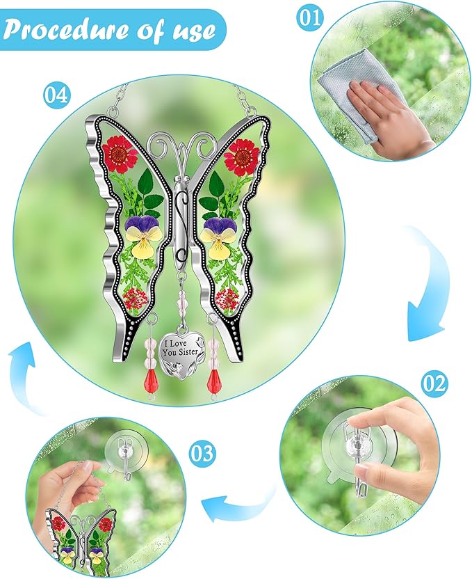 KY&BOSAM Butterfly Suncatcher I Love You Sister Stain Glass Suncatchers for Window Hanging Wind Chime Pressed Flower Between Wings and Charm Birthday Gifts for Women Mother's Day Valentine's Christmas