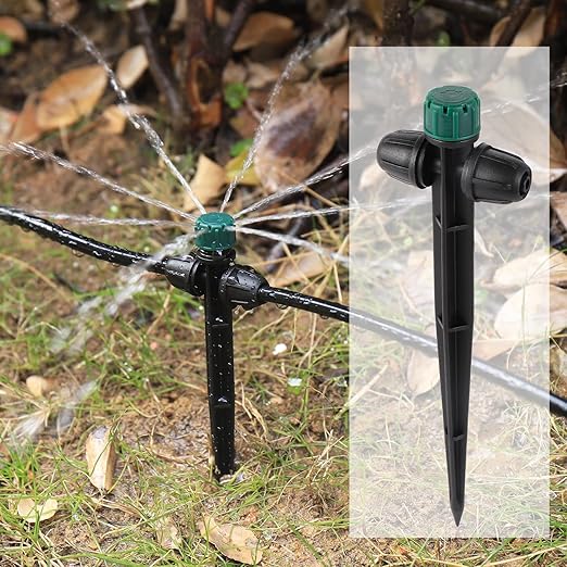 Anti-Drop Drip Irrigation Emitters for 1/4" Irrigation Tubing,Double Hole Design Adjustable 360 Degree Drip Emitters on 6.5" Stake for Garden Irrigation Watering System(25pc-Green drip)