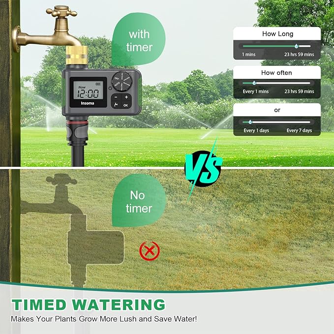 Sprinkler Timer Brass Inlet, Hose Timer for Watering, Programmable Water Timer with Rain Delay/Manual/Automatic Irrigation System, Digital Water Hose Timer for Outdoor Lawn Garden, IP55 Waterproof