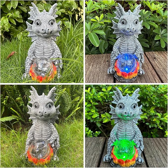 Solar Garden Statue Dragon Figurine with 7-Color Changing Solar Crackle Globe Lights- Loving Dragon for Patio,Balcony,Yard, Lawn-Unique Idea Gifts (Grey)