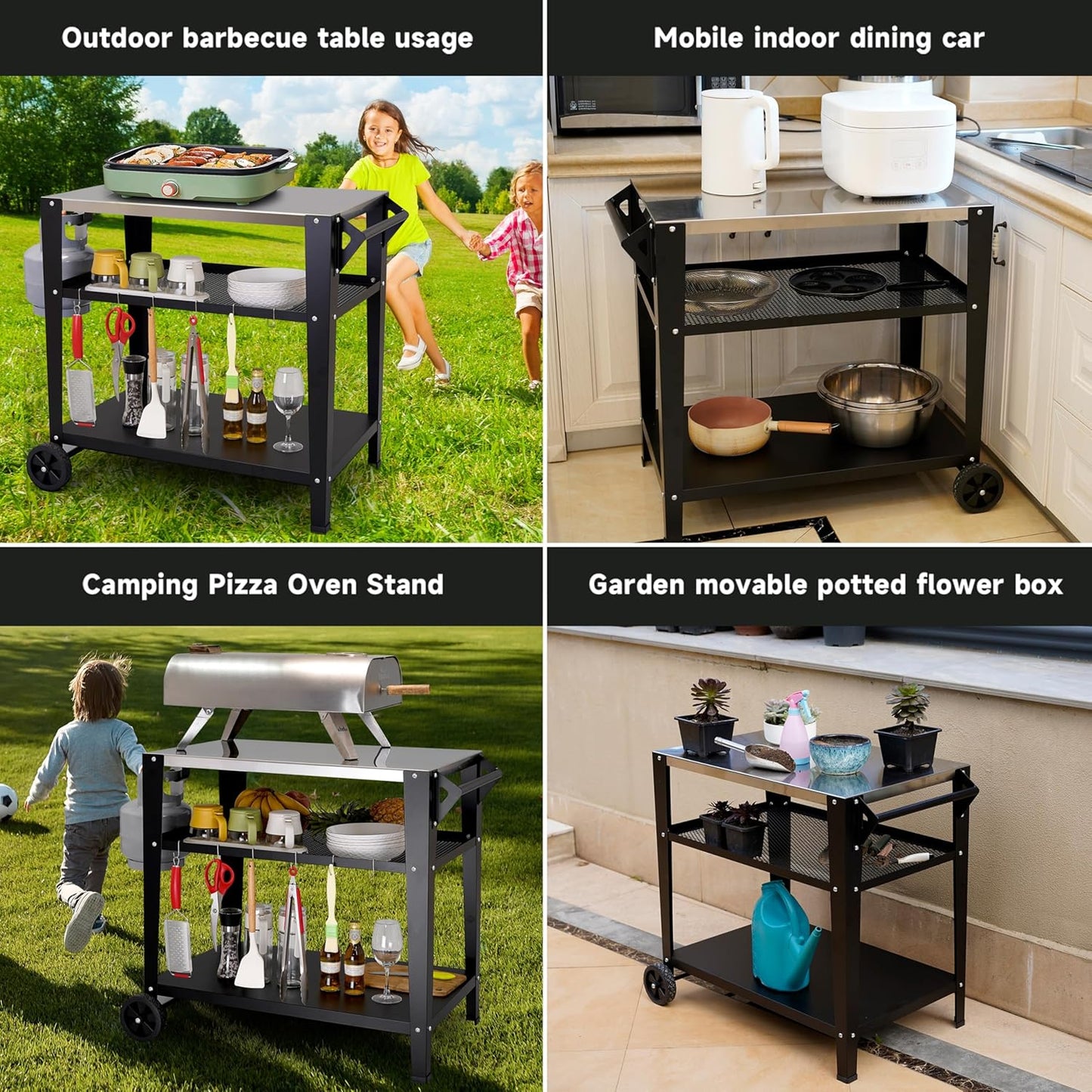 Stainless Steel Outdoor Grill Cart with Wheels, Heavy-Duty 3-Tier BBQ Prep Table for Pizza Oven, Griddle, Patio – Rustproof Commercial Kitchen Cart with Tool Hooks