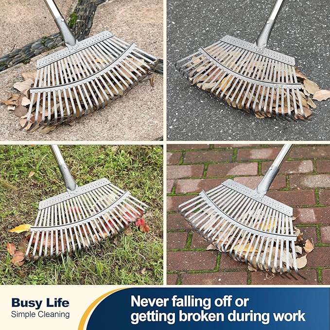 Yocada 19.3" Garden Leaf Rake Wide Heavy Duty Adjustable Long Handle Garden Rake for Yard Garden Lawn Leaves (25 Tines)