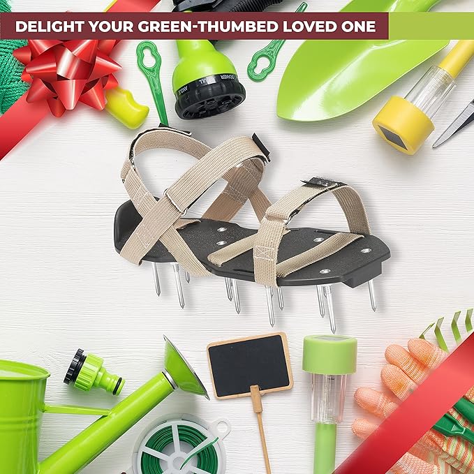 Lawn Aerator Shoes with Hook-and-Loop Straps, Pre-Assembled, Fully Adjustable, One-Size-Fits-All – Lawn and Garden Tool Reduces Thatch, Revives Soil Health (Camel)