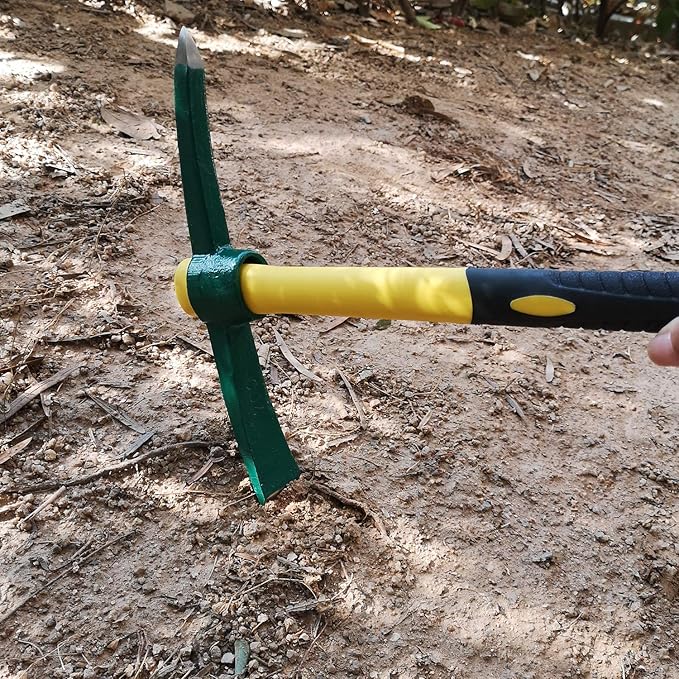 KINJOEK 17.7 Inch Pick Mattock Hoe, Forged Weeding Pickaxe Garden Pick Axe with Fiberglass Handle for Digging, Loosening Soil, Gardening, Camping or Prospecting