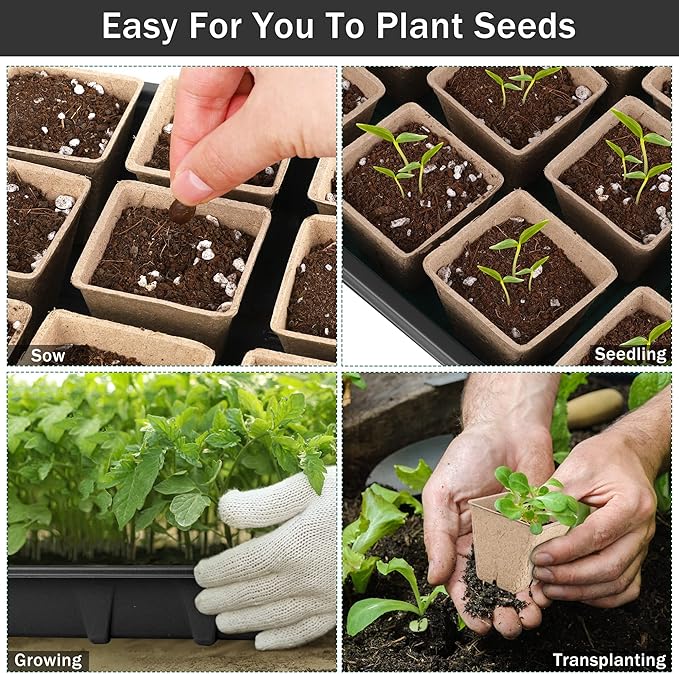 6 Pack Seed Starter Tray Kit with 120 Square Peat Pots for Seedlings, Including Plants Labels, Planting Tools, Growing Trays Plastic Germination Tray Paper Starter Pods for Plant Seeds, Black