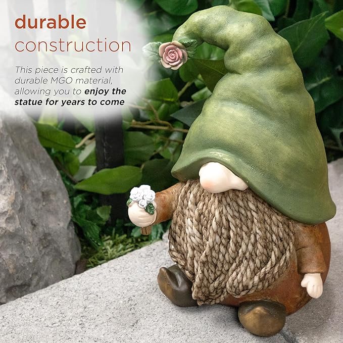 Alpine Corporation QWR1442 Gnome with Green Hat Holding a Flower, Playful Décor for Garden, Patio, & Lawn, 10" H, Multicolor