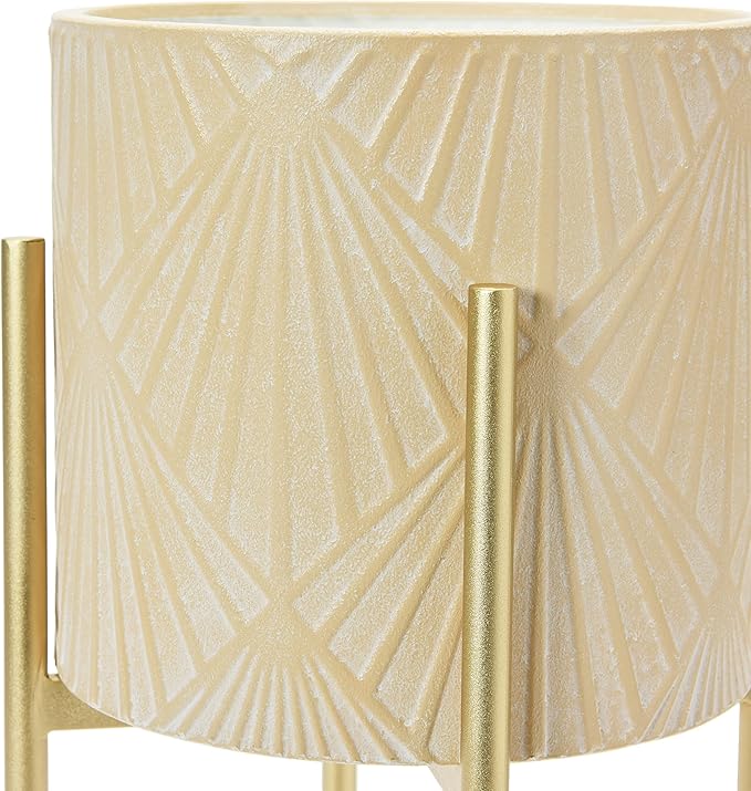 Main + Mesa Modern Boho Embossed Metal Planters with Stands, Cream and Gold, Set of 2 Sizes