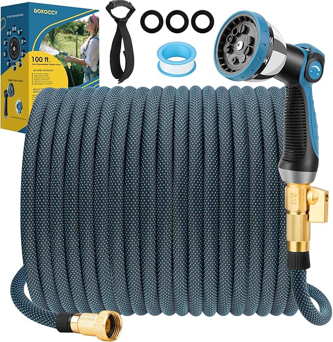 Non-Expanding Garden Hose 100 ft, Flexible Kink Free Water Hose with 10 Watering Spray Nozzle, Lightweight Hose Pipe, Leak-Proof, Durable, 3/4" Brass Alloy Connector, Portable Storage Strap