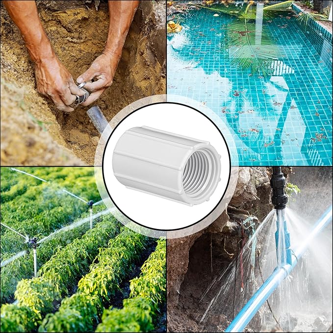 Yahenda 5 Pcs 1/2 Inch PVC Double Female Threaded Coupling Sprinkler Pipe Fitting Female Thread Pipe Fitting Garden Drip Irrigation System PVC Npt Coupler for Irrigation Tube Riser Extension (White)