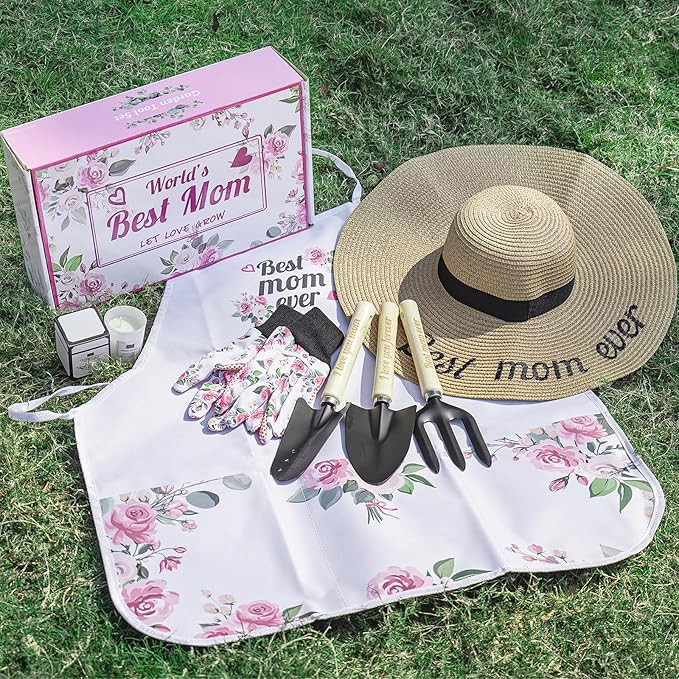 Pink Gardening Tools, Garden Tool Set for Women, 7 Piece Womens Gardening Kit with Gardening Hand Tools Straw Hat Floral Gardening Apron and Gloves,Gardening Gifts for Women Pink