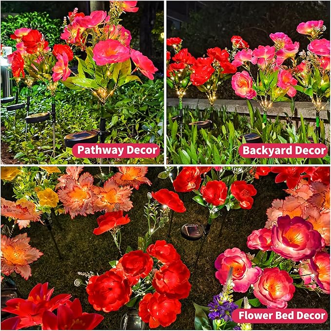 Neporal Solar Flowers Outdoor Waterproof Camellia,4PK 7-Stem Garden Solar Lights Decorative, 2 Decor Lighting Modes, Solar Powered Garden Decor, Solar Yard Decor
