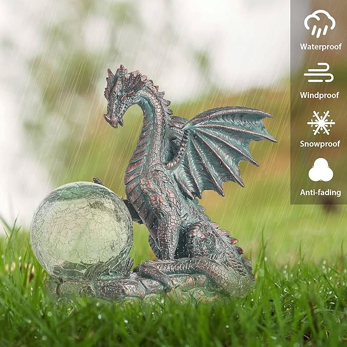 TERESA'S COLLECTIONS Garden Sculptures & Statues, Solar Dragon Outdoor Statues Figurines, Resin Bronze Gothic Garden Decor Lawn Ornaments Patio Yard Decorations Gifts for Mom Women, 8"
