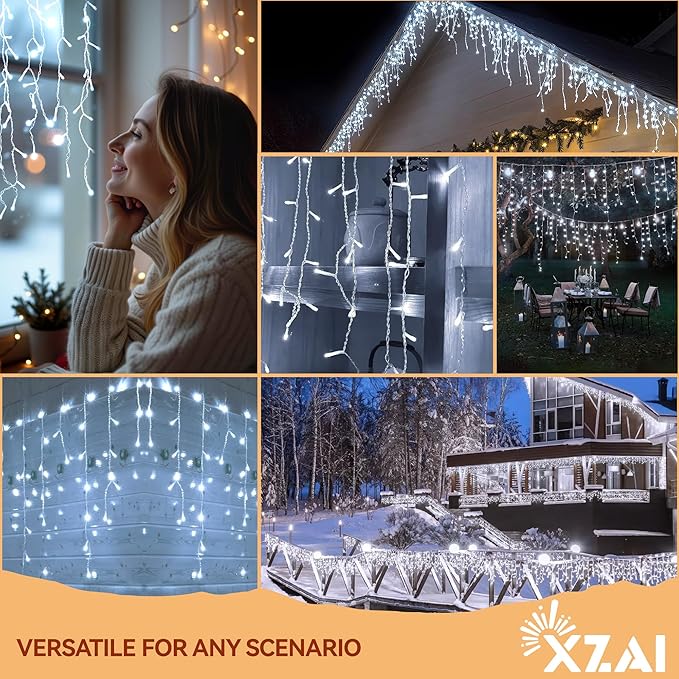 XZAI Solar Icicle String Lights 800LED 50FT Cool White Remote Connectable 2400mAh USB Rechargeable 8 Modes Timer Dimmable IP65 Waterproof Twinkle for Outdoor Christmas & Wedding & Party Decors
