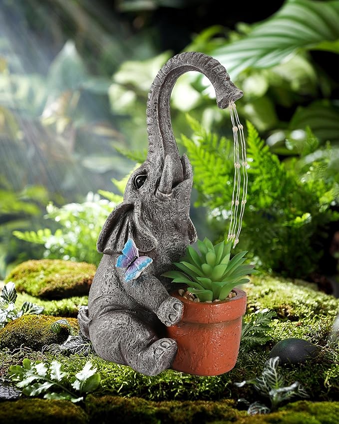 iStatue Solar Elephant Figurine with Succulent Plant Pot - 11'' Hand-Painted Lifelike Resin Lawn Ornaments Statue for Yard Art Garden Decor Gifts (Elephant)
