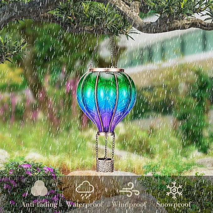 TERESA'S COLLECTIONS Hot Air Balloon Solar Lantern for Garden Decor ,Flickering Flame Hanging Solar Light for Outdoor ,Multicolor Plastic Lamp for Yard Tree Gift for Mom