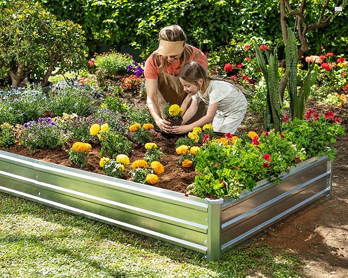 Galvanized Raised Garden Beds Outdoor // 8×4×1 ft Planter Raised Beds for Gardening, Vegetables, Flowers // Large Metal Garden Box (Silver) // Patented Tool-Free Design