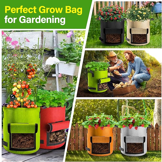 Suntee 6 Pack 20 Gallon Potato Grow Bags with Flap, Thickened Nonwoven Fabric Grow Bags for Growing Potatoes, Colorful Plant Grow Bags Pots Gardening Vegetable Potato Growing Bags with Durable Handles