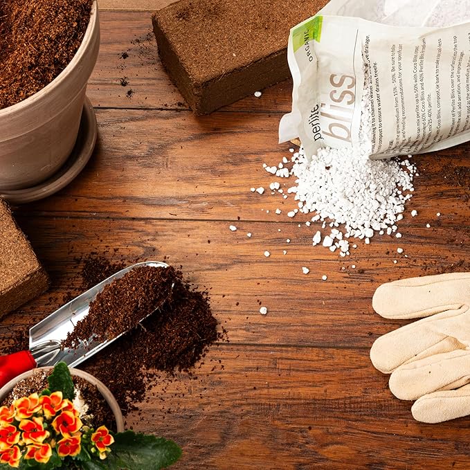 Coco Coir 250gm Bricks (10-Pack) + Perlite Bliss (8 Qts) - OMRI-Listed Coco Coir & Organic Perlite for Plants - Compressed Coco Coir Bricks with Low EC & pH Balance - Horticultural Perlite for Plants