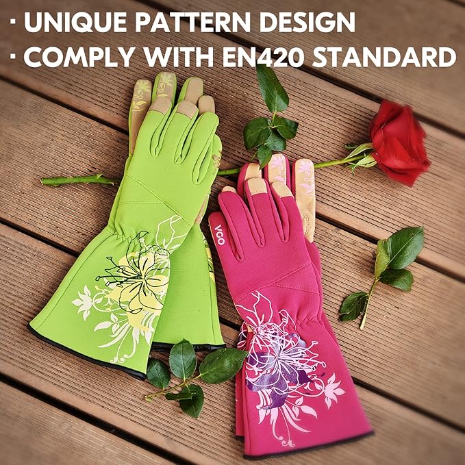 Vgo 1-Pair Ladies' Synthetic Leather Gardening Gloves, Long Sleeves Gauntlet, Breathable & Grip Work Gloves, High Dexterity, Washable (Size M, Green, SL7445)