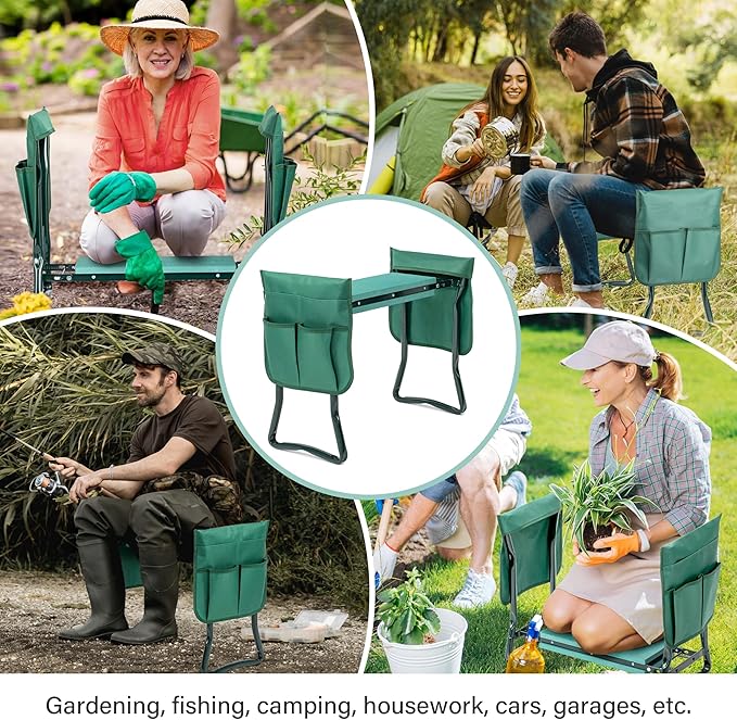 Simple Deluxe Garden Kneeler and Seat, Foldable Kneeling Stool with Thicker EVA Foam Pad, Heavy Duty Bench with Tool Pouch, Gifts for Outdoor Gardening, Fishing, Green