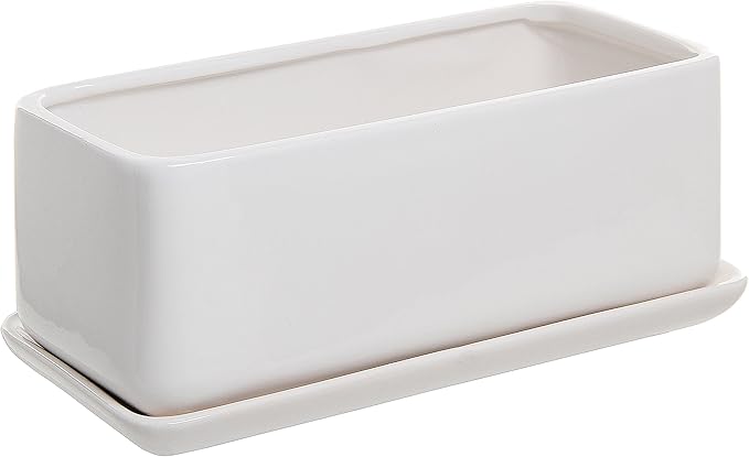 MyGift 14 Inch Modern Unglazed White Ceramic Indoor Plant Pot with Drainage Hole, Rectangular Succulent Planter Window Box with Removable Saucer, White (10 inch, 2, Pieces)