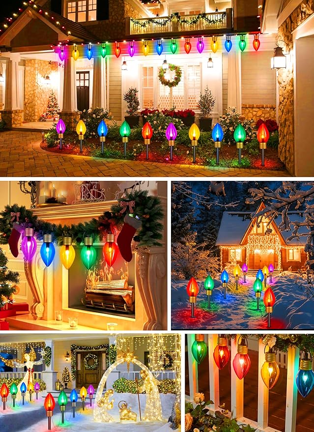 Jumbo C9 Christmas Lights Outdoor Decorations Lawn with Pathway Marker Stakes, 8.5 Feet String Lights Covered Jumbo Multicolored Light Bulb for Holiday Time Outside Yard Garden Decor, 5 Lights