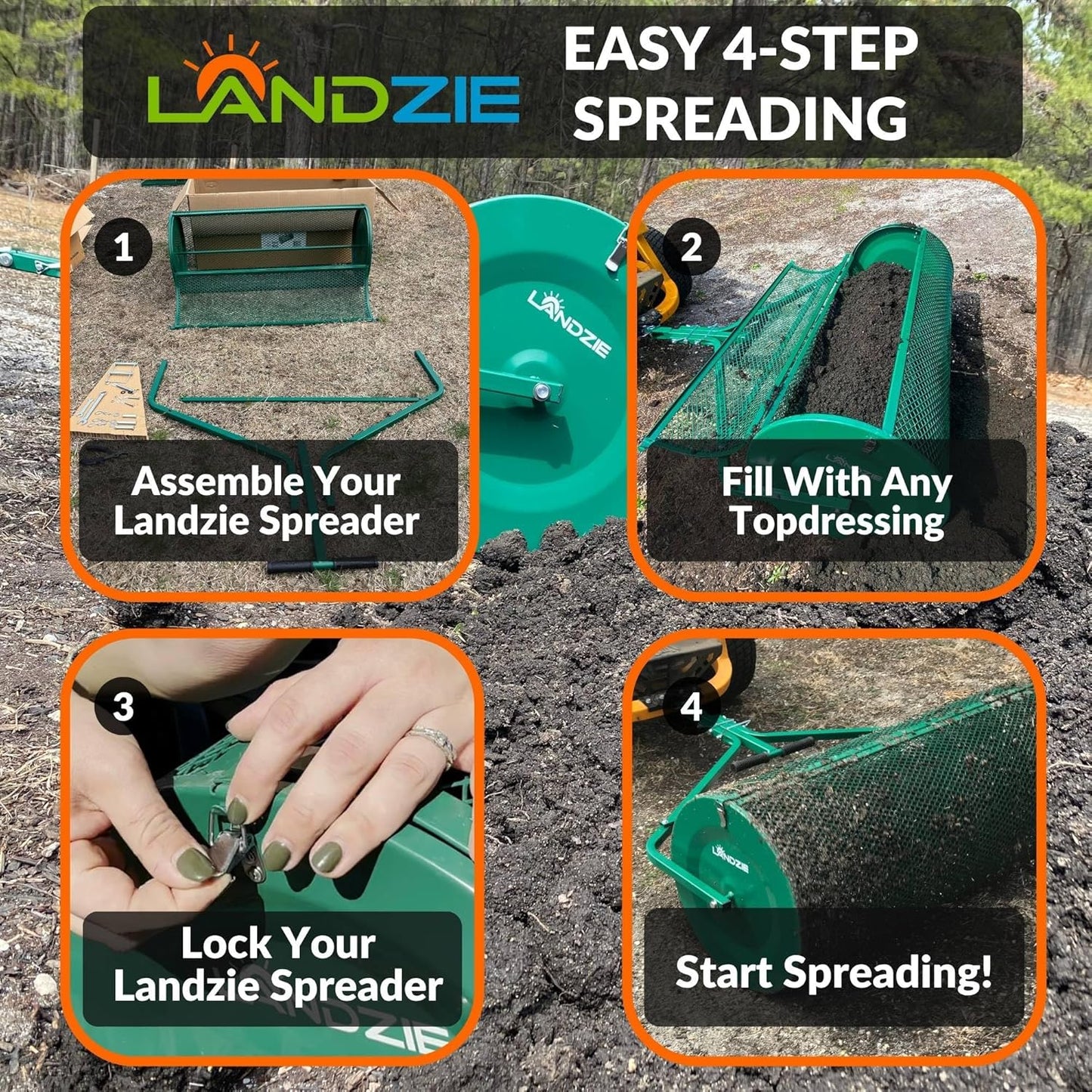 LANDZIE Lawn & Garden Spreaders - 44 Inch Heavy Duty Metal Mesh Basket Push/Tow Spreader - Compost, Peat Moss, Top Soil, Mulch - Durable Lightweight Multi-Purpose Yard Care Equipment - Manure Spreader