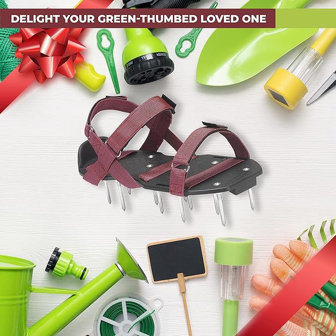 Lawn Aerator Shoes with Hook-and-Loop Straps, Pre-Assembled, Fully Adjustable, One-Size-Fits-All – Lawn and Garden Tool Reduces Thatch, Revives Soil Health (Maroon)