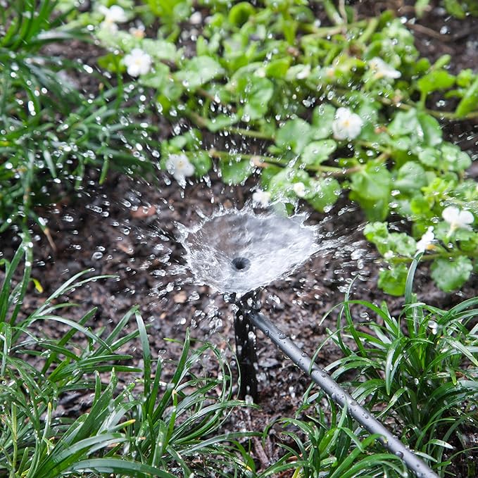 Raindrip 15300UB Adjustable Flow Bubbler, Non-Pressure Compensating Emitters, Fan, with 1/4 in. Barbed Inlet on 5 in. Stake, Black