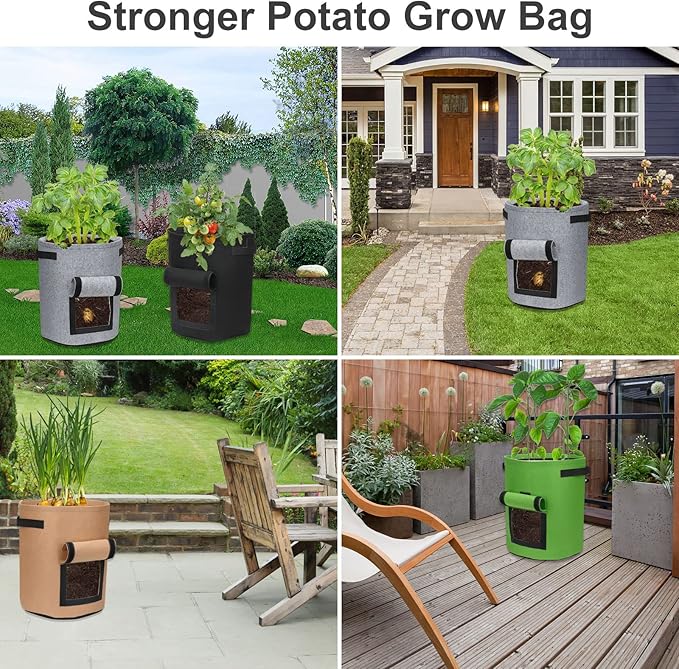 4 Pack 10 Gallon Potato Growing Bags with Flap, Breathable & Durable, Nonwoven Fabric, Ideal for Indoor/Outdoor Use