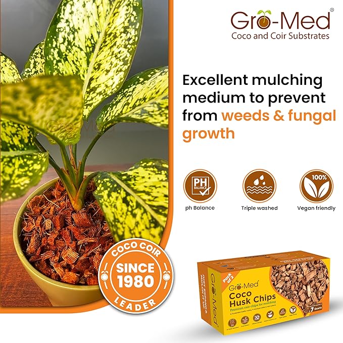 Gro-Med Coco Husk Chips 2s Brick Expands Upto 14 Quarts Coconut Coir Chip 2.2lb, Perfect for Plants, Gardening, Potting Soil Mix, Orchid Bark Alternative-OMRI Certified, Low EC, Balanced pH