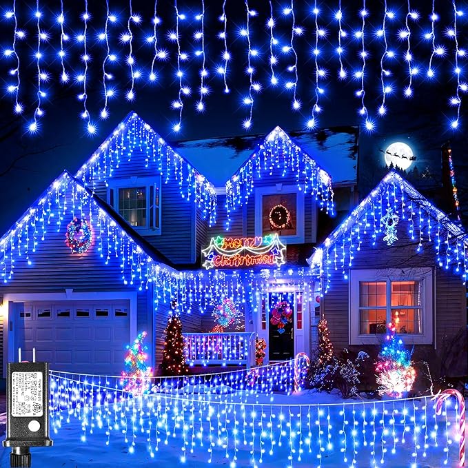 Christmas Icicle Lights Outdoor, 66ft 640 LED Icicle Lights for Outside with 8 Modes Timers, Waterproof Plug in Connectable Twinkle Light for Indoor Window Patio Yard Wedding Decorations, Blue