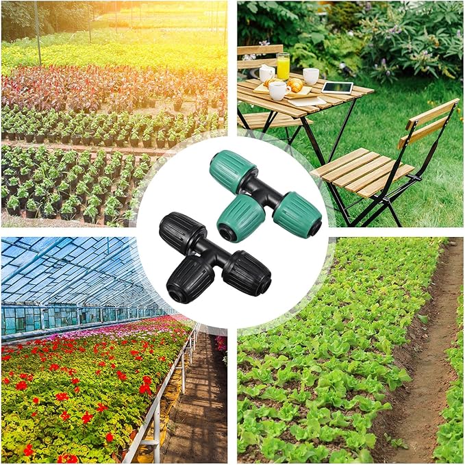 Frienda 40 Pcs 1/2 Inch Drip Irrigation Lock Barbed Tee Tubing (1/2" IDx0.6-0.63" OD) 16mm Fittings Drip Irrigation Parts Anti Drop Locked Reducing Tee for Hose, Black and Green