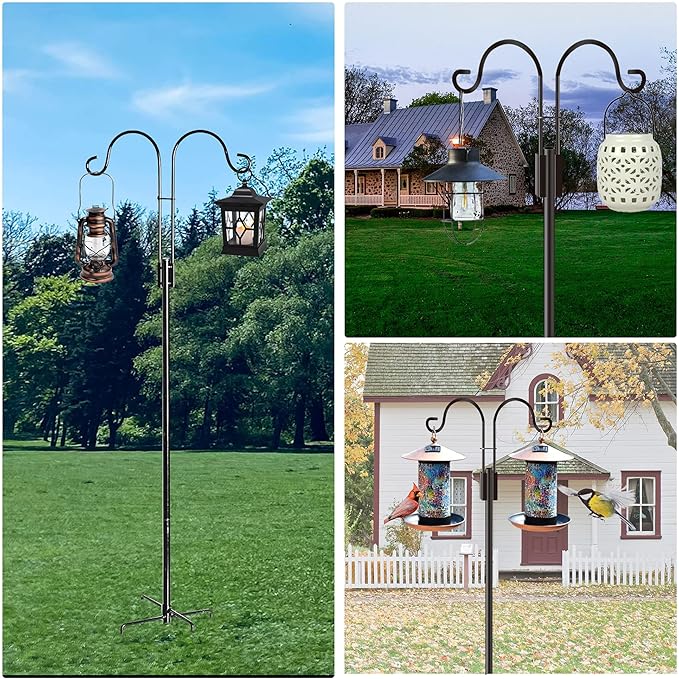 XDW-GIFTS Double Shepherds Hooks for Outdoor, 2-Pack Heavy Duty Garden Pole for Hanging Bird Feeder, Plant Baskets, Solar Light Lanterns, Garden Plant Hanger Stands with 5 Base Prongs