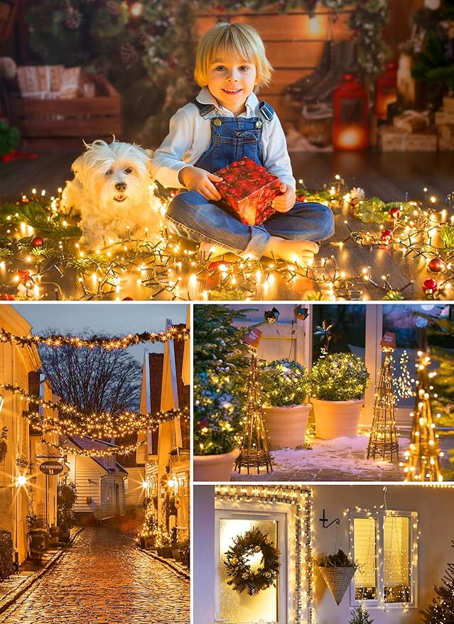Minetom Christmas Lights, 128ft 400 LED Outdoor Christmas Tree Lights with Remote, 8 Modes Christmas String Lights Plug-in Mini Xmas Tree Lights with Timer for Outside Party Decor, Warm White