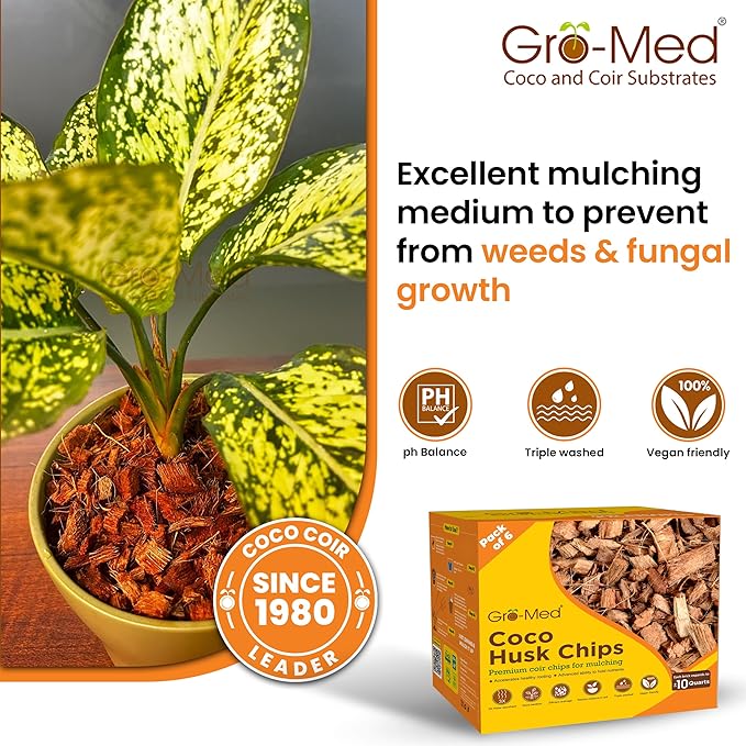 Gro-Med Coco Husk Chips Brick 6-Pack Expands Upto 42 Quarts Coconut Coir Chip 6.6lb, Perfect for Plants, Gardening, Potting Soil Mix, Orchid Bark Alternative - OMRI Certified, Low EC, Balanced pH