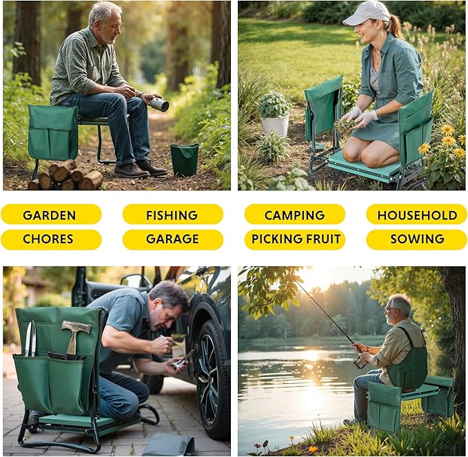 iPower Garden Kneeler and Seat Foldable Kneeling Bench with Sturdy Soft EVA Foam Pad for Outdoor, Fishing, Camping, 2 Tool Pouches Included, Green