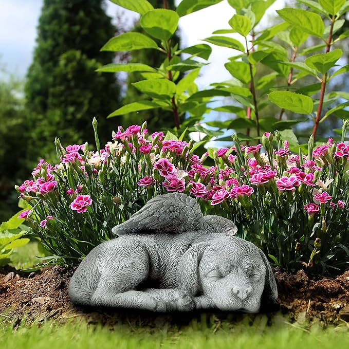 Pure Garden Sculpture Pet Memorial Statue, Sleeping Angel Dog, Stone Finish