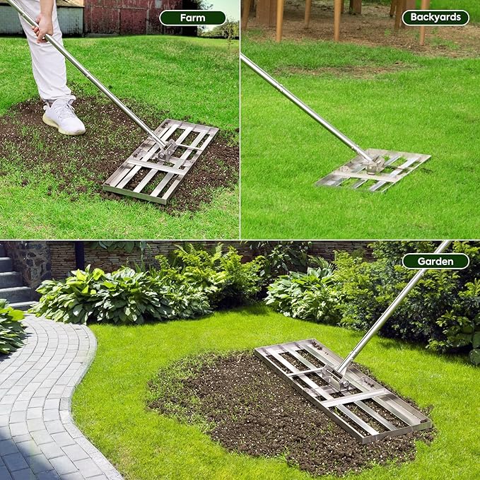 Lawn Leveling Rake 30x10 inch, Heavy Duty Lawn Leveling Rake with 6.5FT Adjustable Handle, Stainless Steel Effort Saving Levelawn Tool for Grass, Golf Field, Level Soil or Dirt Ground