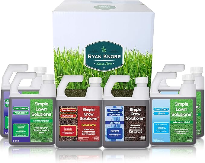 Simple Lawn Solutions - Ryan Knorr - Lawn Essentials Bundle Box - 6 Piece Set- Lawn Food 16-4-8 NPK, Lawn Energizer Booster, Root Hume- Humic Acid, Soil Hume- Seaweed, Humic Acid (32 Ounce Bundle)