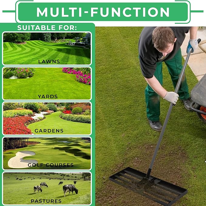 Smartini & Co Lawn Leveling Rake Garden Tools – 30 x 10 Inch Garden Rake Heavy Duty Metal Rake – Stainless Steel Adjustable Handle Yard Rake for Sand, Gravel, Soil – Easy Assembly Lawn Care Sand Rake