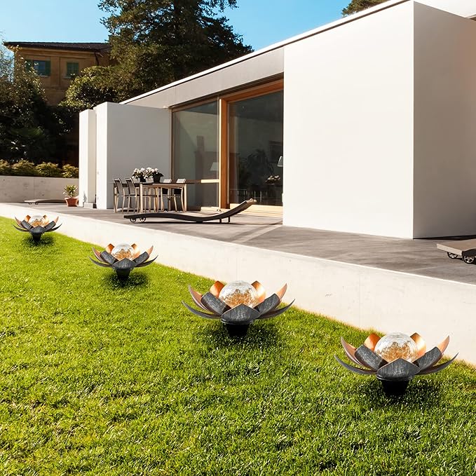 Outdoor Solar Lights, Garden Decor, Crackle Glass Globe, Waterproof Metal Lotus Flower Light for Patio, Lawn, Walkway, Tabletop, Ground