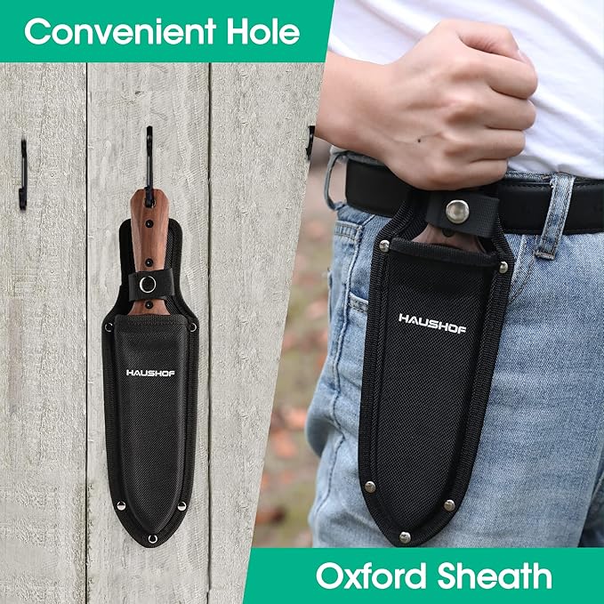 HAUSHOF Hori Hori Garden Knife, 7" Stainless Steel Black Stonewash Blade with Cutting Edge, Full-Tang Gardening Knife with Walnut Handle, Oxford Sheath, for Digging, Weeding, Planting